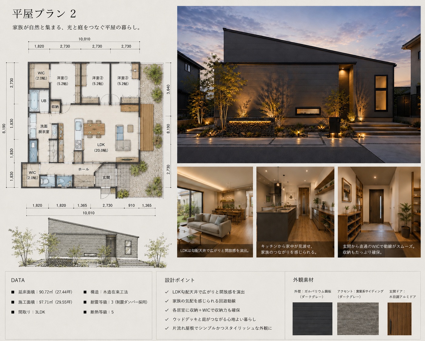 FLOW PLAN ── 家事がラクになる平屋の間取り図・立面図・外観(プランシート・27.44坪/LDK20帖/3LDK)|秀光ビルド徳島店