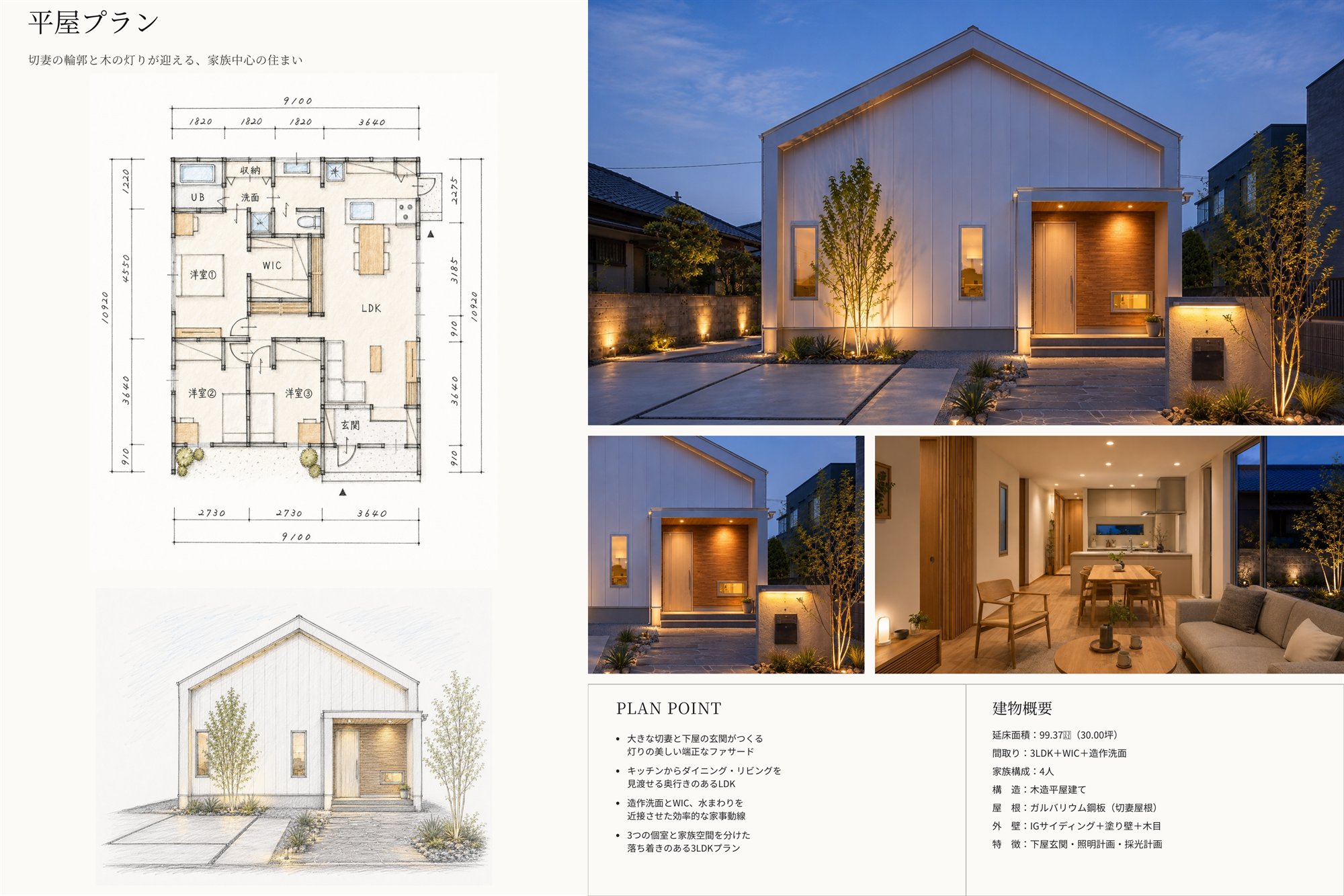 GABLE PLAN ── いちばん手が届く平屋の間取り図・立面図・外観(プランシート)|秀光ビルド徳島店
