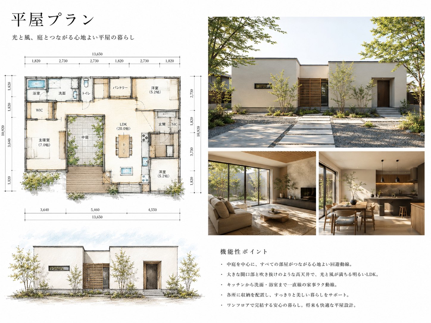 LOFT PLAN ── 中庭を中心とした平屋の間取り図・立面図(プランシート)|秀光ビルド徳島店